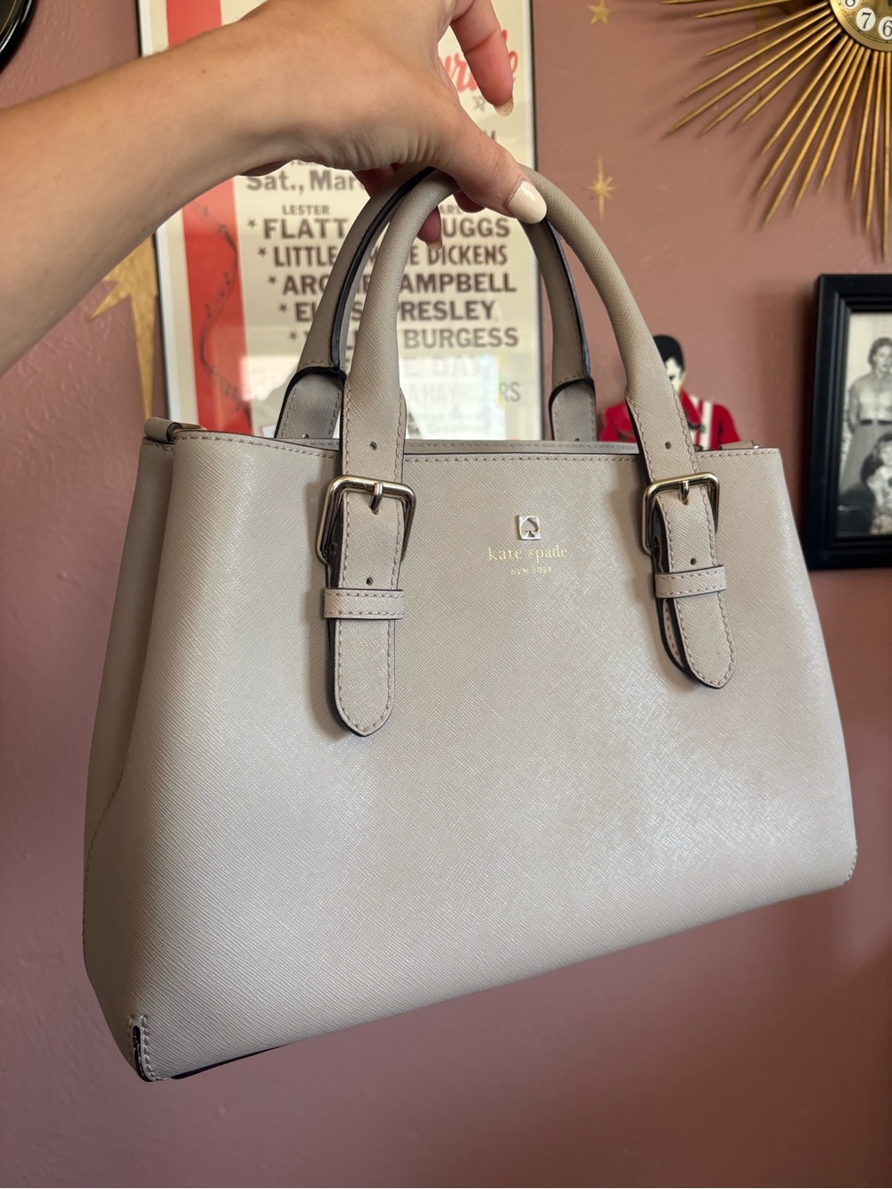kate spade taupe leather satchel with gold hardware